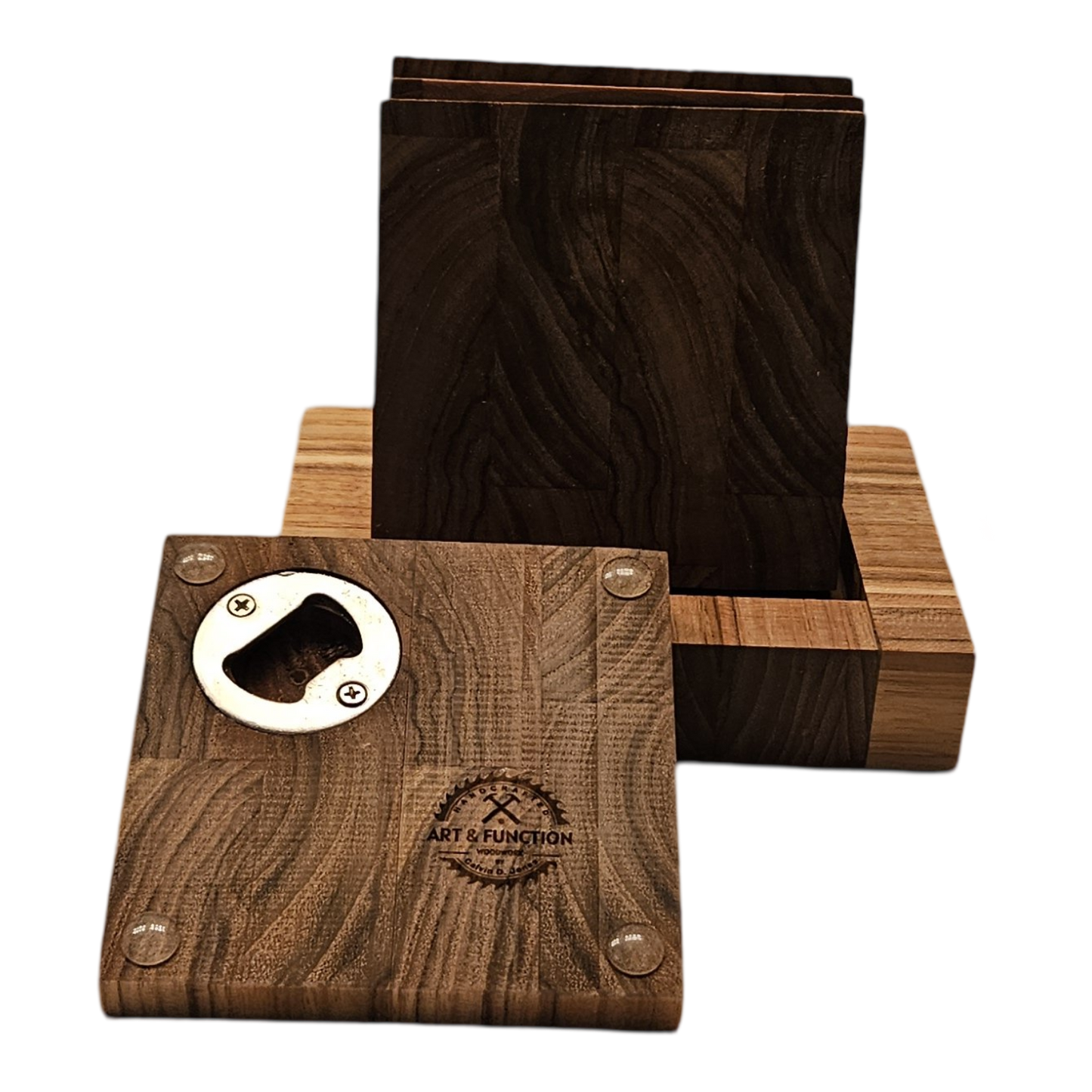 Teak bottle opener coasters