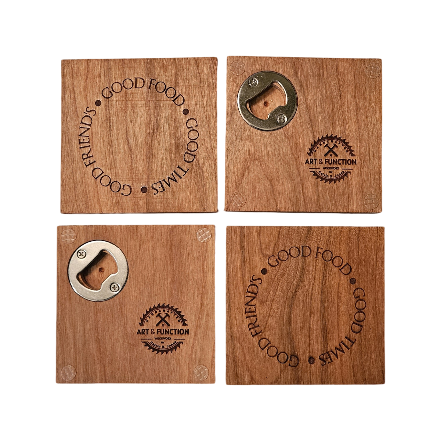 Cherry laser engraved bottle opener coasters