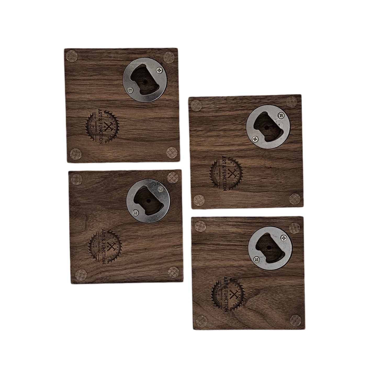 Laser engraved bottle opener coasters Set of 4