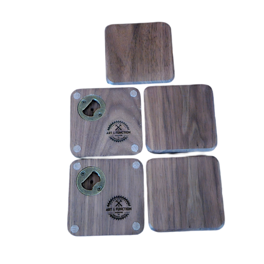 Walnut Bottle Opener Coasters Set of 5