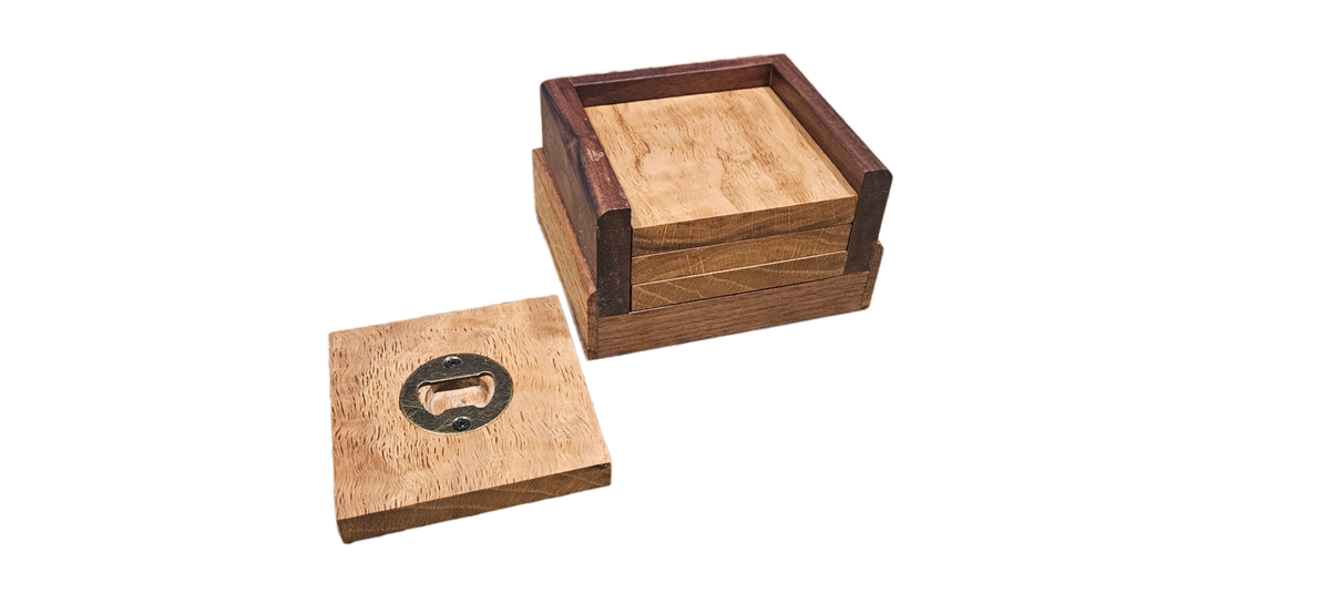 White Oak Bottle Opener Coasters with Walnut Stand